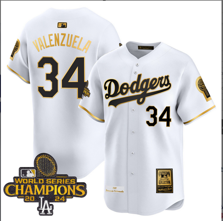 Men MLB Los Angeles Dodgers #34 Valenzuela white 2024 World Series Champions Patch Cooperstown Jersey style 3->los angeles dodgers->MLB Jersey